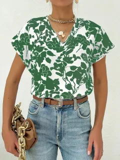 European And American Fashion V-neck Short Sleeve Printed Top - Green - View 1