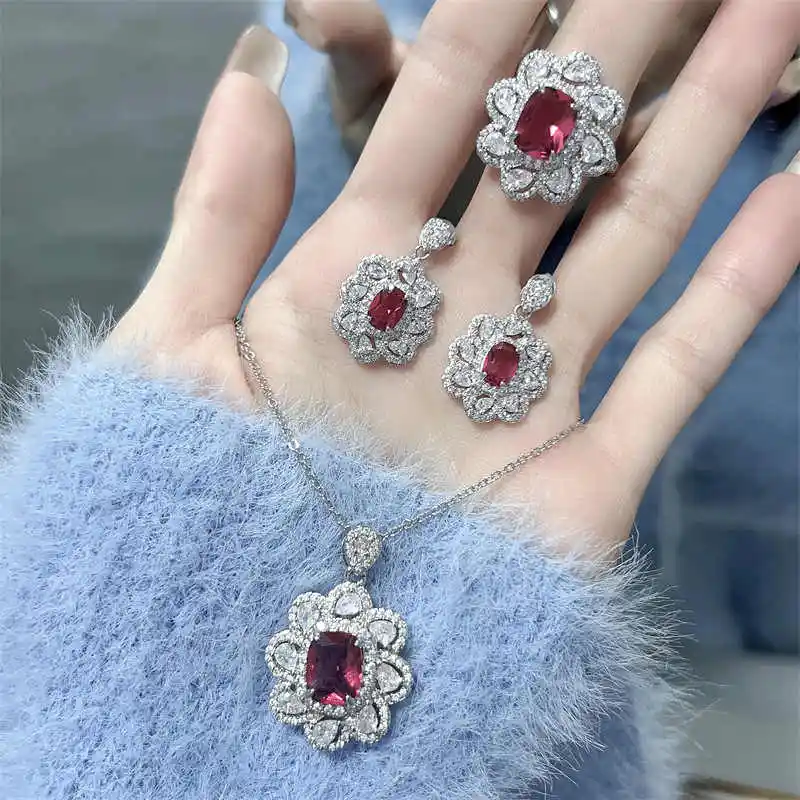 Ruby Ornament Set Three-piece Set Ear Stud And Ring Necklace