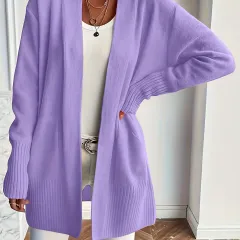 Plus Size Women's Solid Colour Knit Casual Simple Cardigan - Purple - View 1