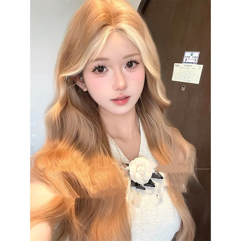 One-word Lace Long Curly Hair Natural Full-head Wig