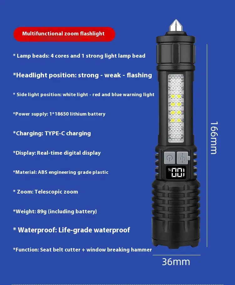 Outdoor Flashlight Patrol Portable Rechargeable Zoom White Laser Light