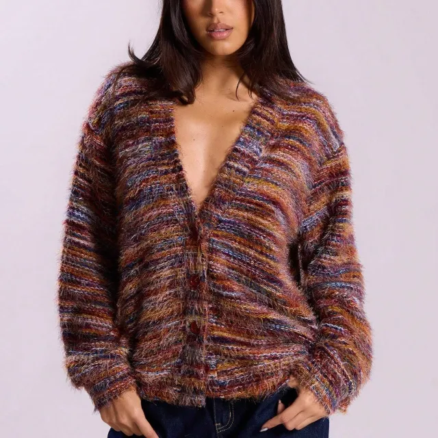Winter Stripe Knitted Sweater Ins Button Cardigan Long Sleeved V neck Cropped Tops For Women 1 Style S - Shop at LoveMi