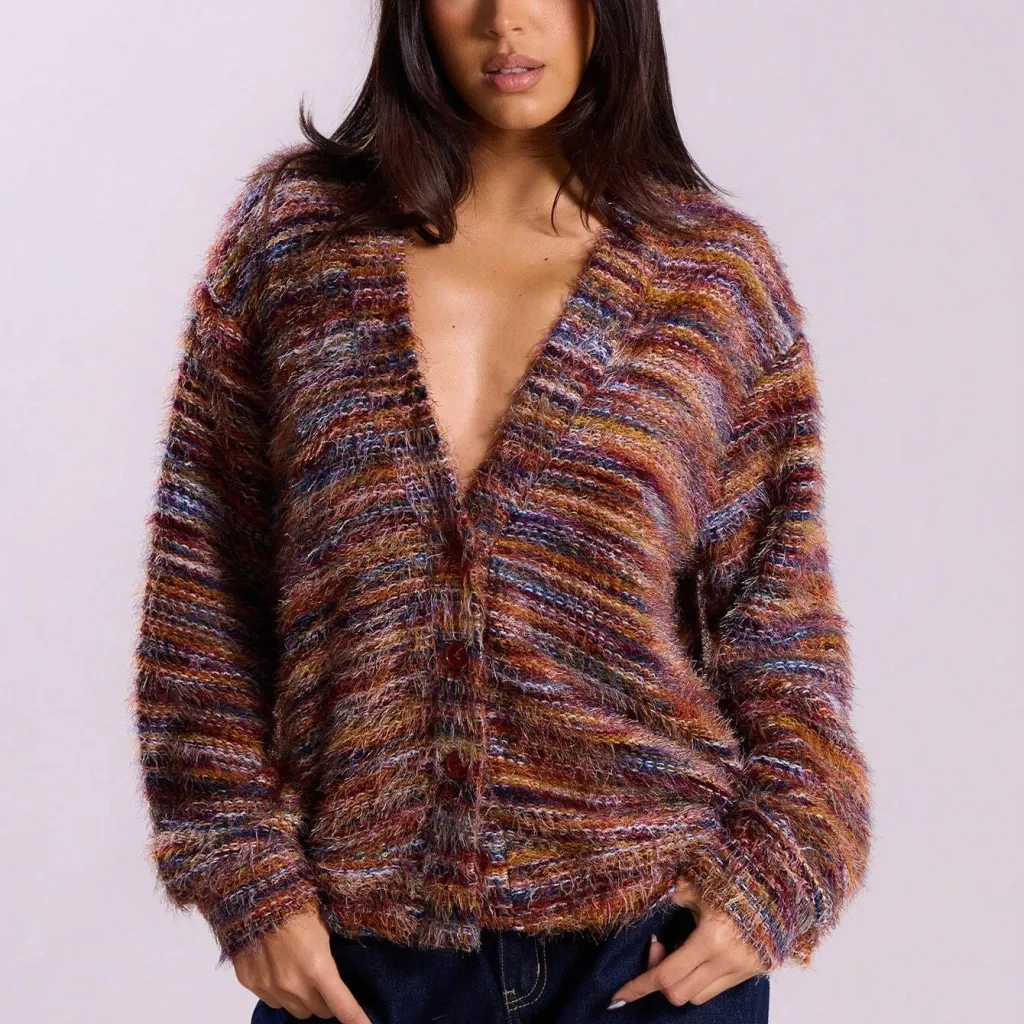 Winter Stripe Knitted Sweater Ins Button Cardigan Long Sleeved V-neck Cropped Tops For Women - 1 Style-L