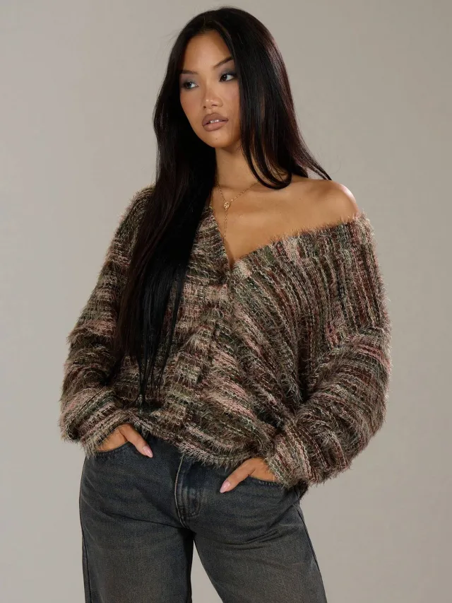 Winter Stripe Knitted Sweater Ins Button Cardigan Long Sleeved V neck Cropped Tops For Women 2 Style 2Xl - Shop at LoveMi