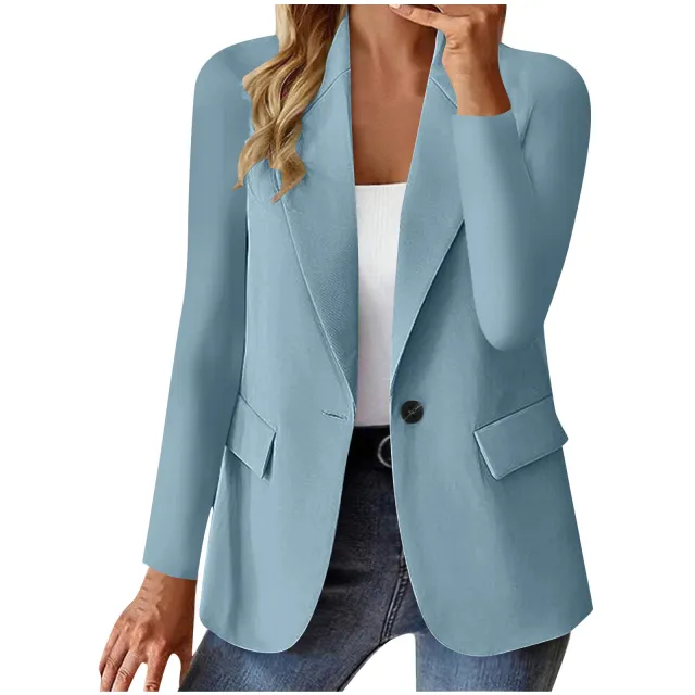 Ins Lapel Button Jacket Fashion Commuter Casual Suit Jacket Women's Long sleeved Tops Outwear Clothing Light Blue - Shop at LoveMi