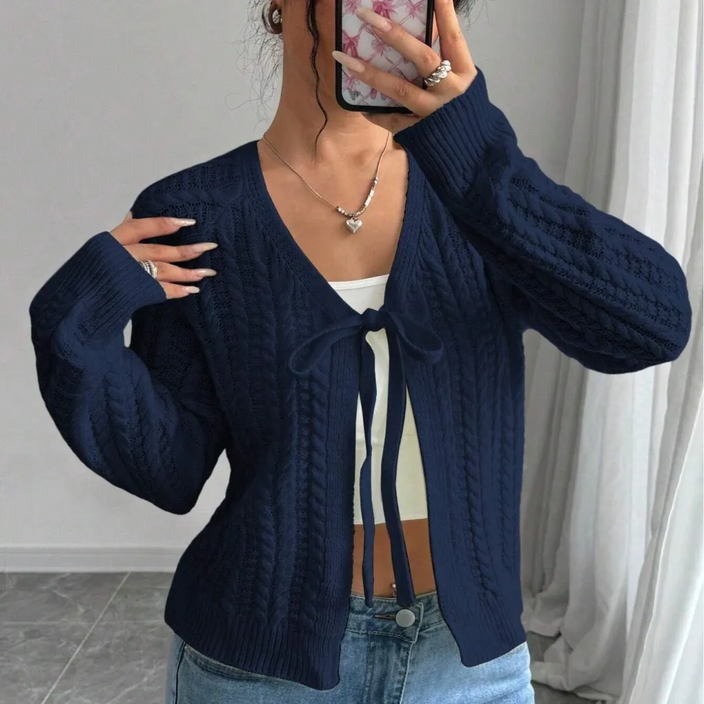 Long Sleeved Knitted Sweater For Women - Navy Blue