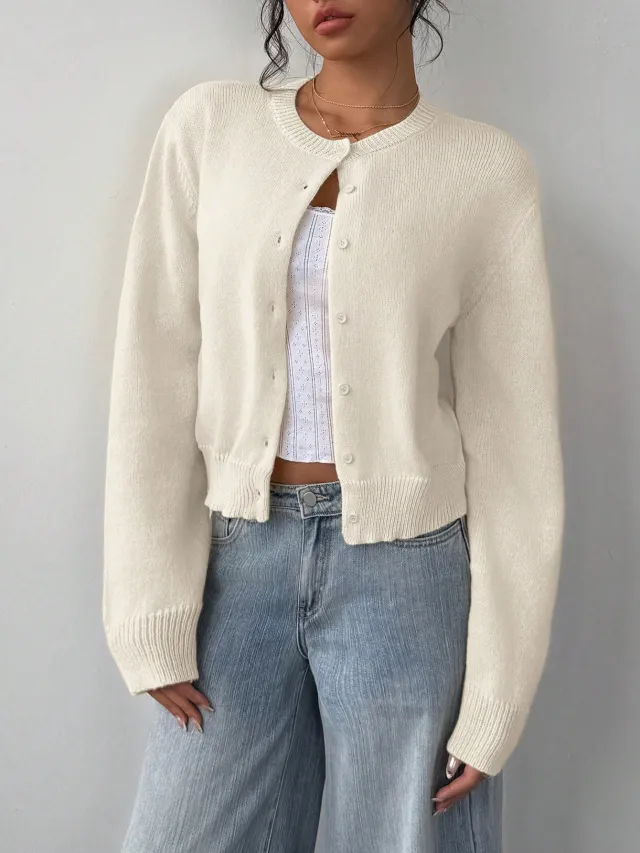 Chic Long Sleeved Knitted Cardigan Fashion Slim Solid Color Short Sweater For Women Clothing Apricot - Shop at LoveMi