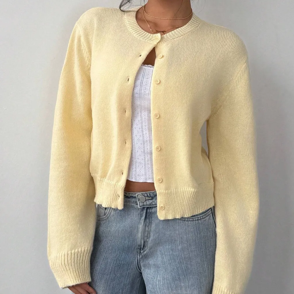 Chic Long Sleeved Knitted Cardigan Fashion Slim Solid Colour Short Sweater For Women Clothing - Yellow