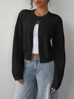 Chic Long Sleeved Knitted Cardigan Fashion Slim Solid Color Short Sweater For Women Clothing - Black - View 1