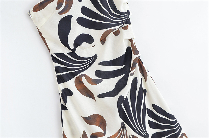 Irregular Oblique Shoulder Leaf Print Sleeveless Dress