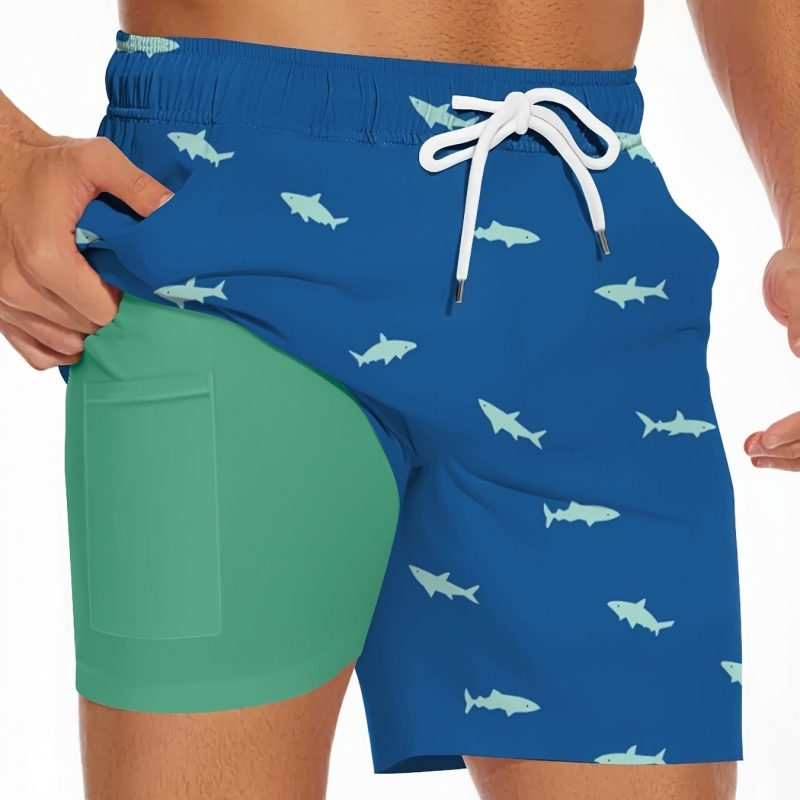 Men's Shark Figure Beach Shorts With Drawstring
