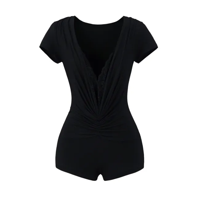 Pure Desire Style Lace Stitching Deep V Jumpsuit Black - Shop at LoveMi