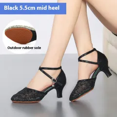 Latin Dance Shoes Female Adult Mid Heel Summer - Black - View 1