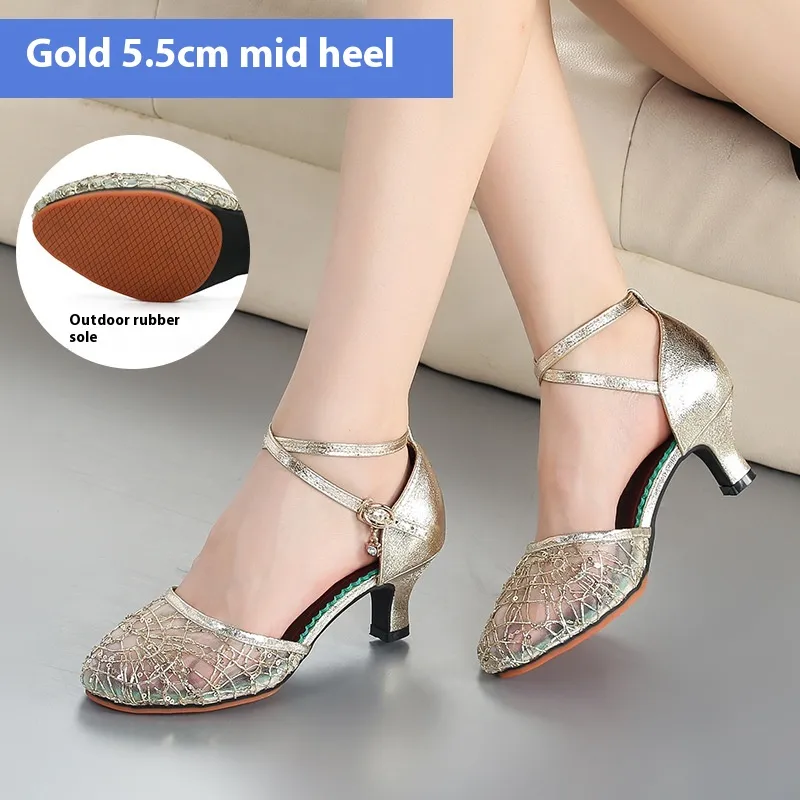 Latin Dance Shoes Female Adult Mid Heel Summer - Gold