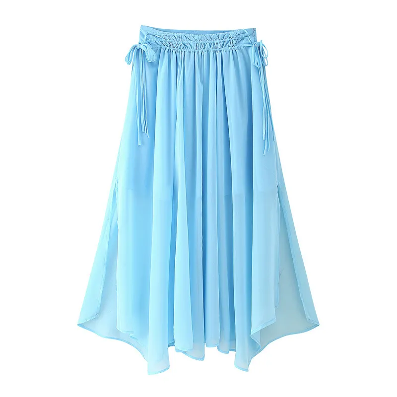 Yellow Irregular String Decoration Chiffon Skirt - Blue