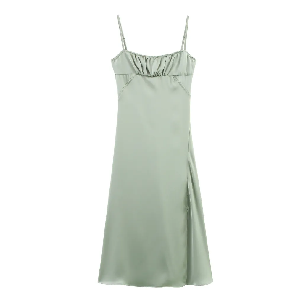 Silk Satin Textured Underwear Sleeveless Sling Dress - Green