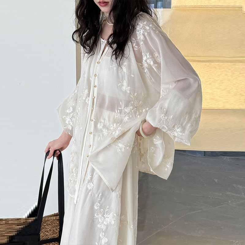 Chinese Style Embroidery Shirt Mid-length Dress Set