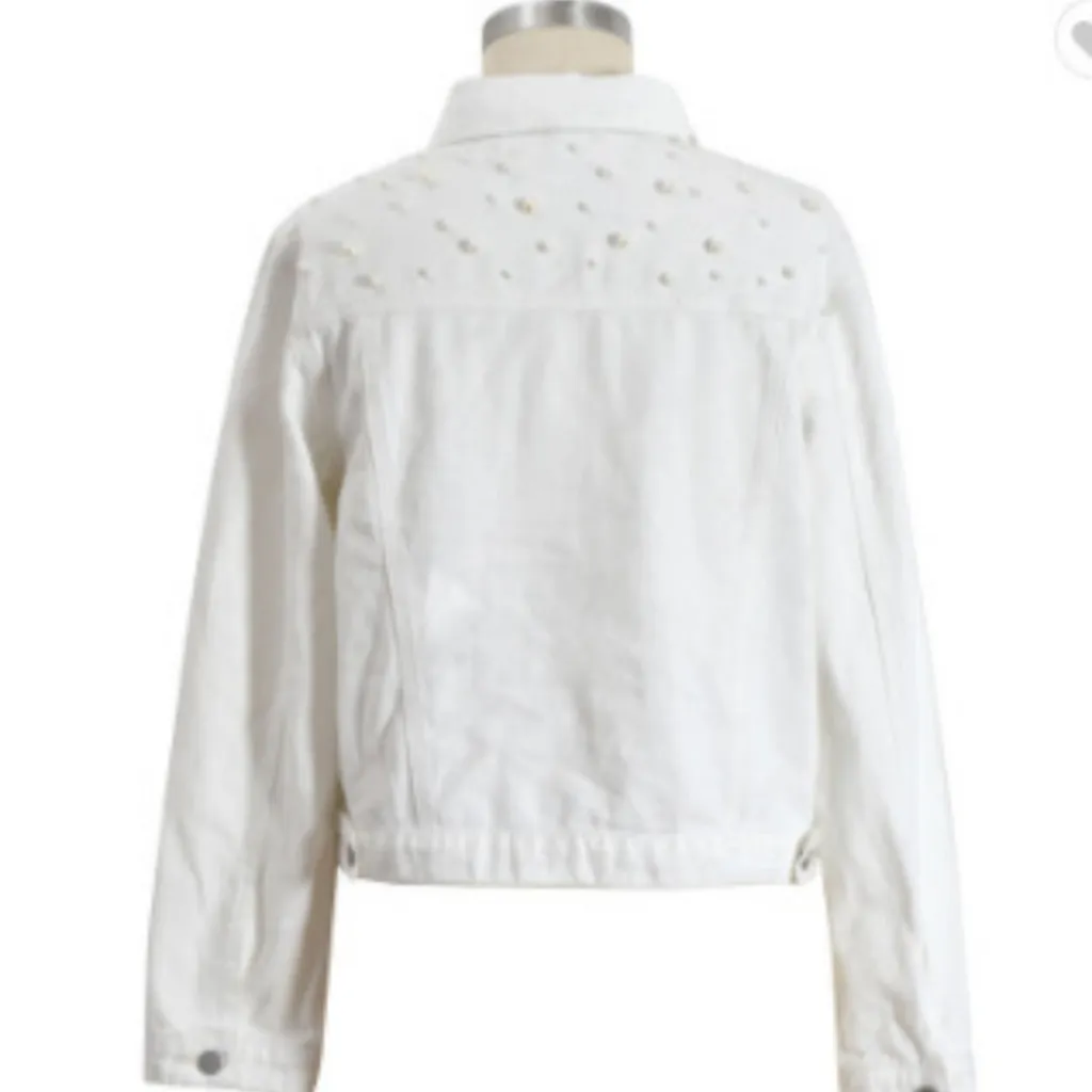 Beaded pearl loose casual women's denim jacket - White
