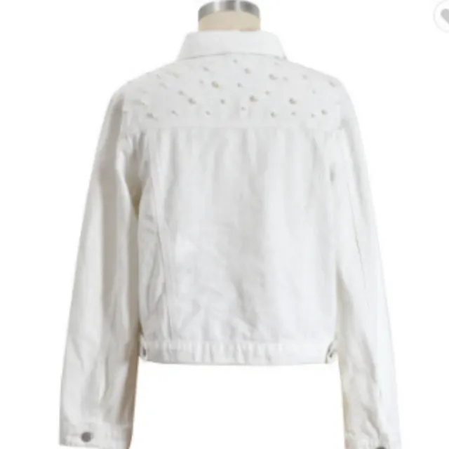 Beaded pearl loose casual women's denim jacket White - Shop at LoveMi