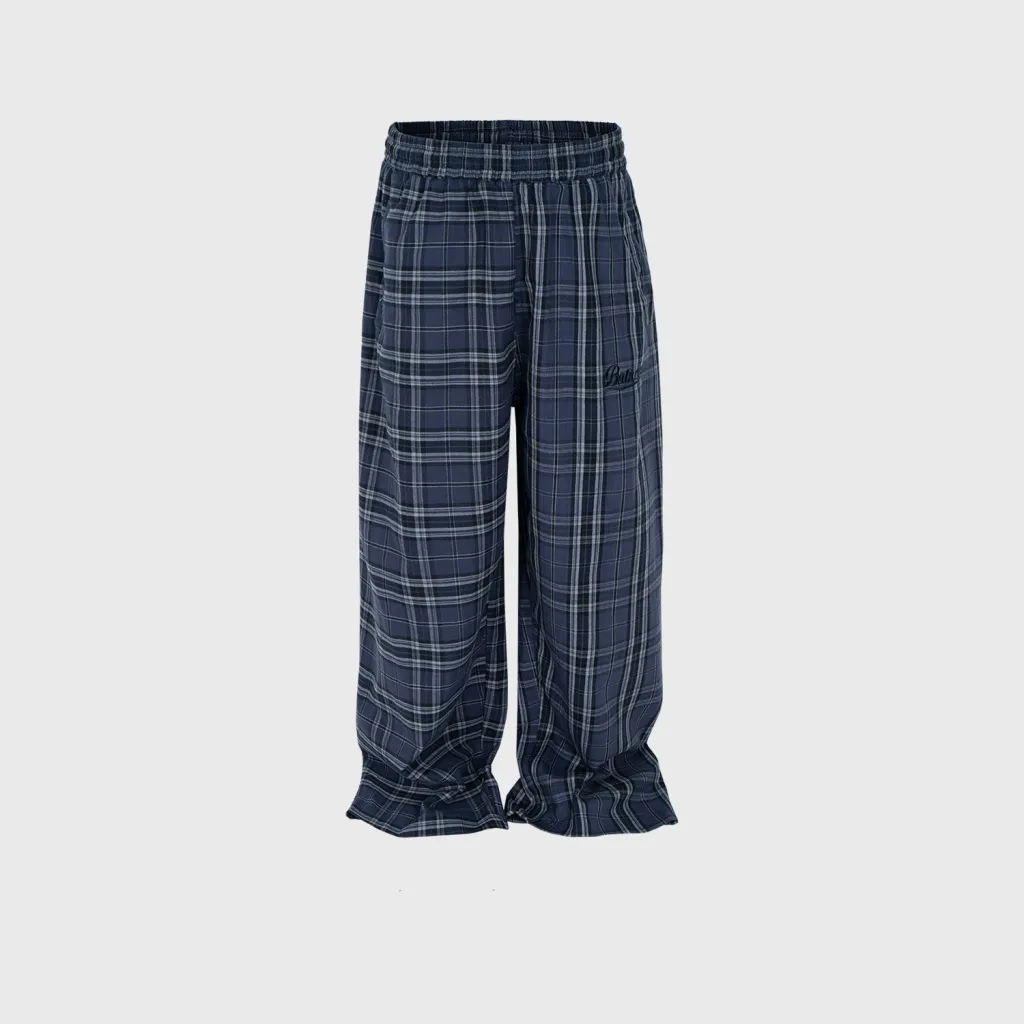 Neutral Straight Plaid Drawstring Casual Pants