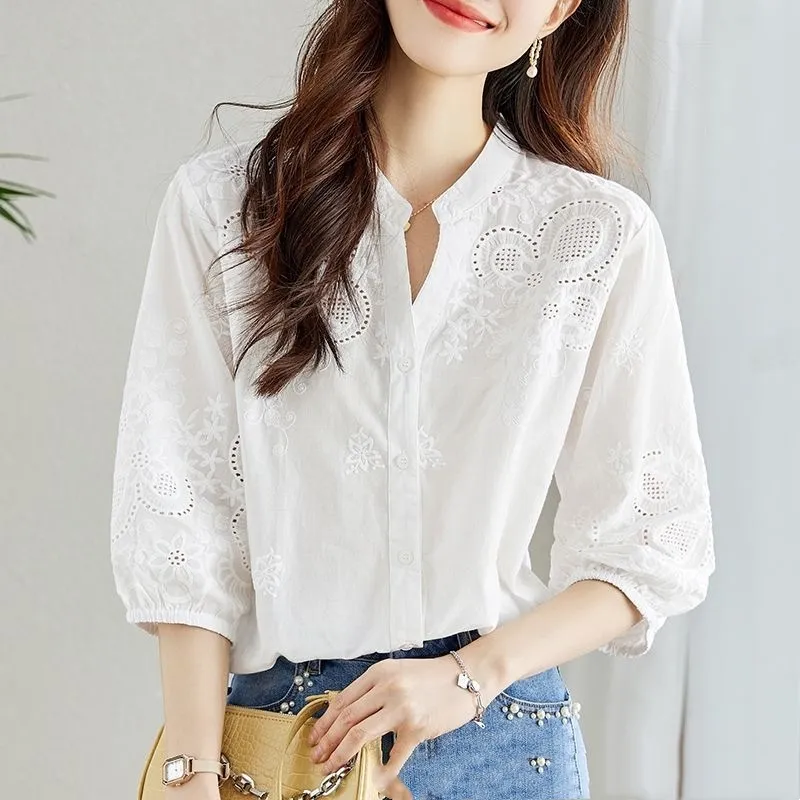 Sweet Temperament Top Urban Style Versatile Embroidery Shirt - White