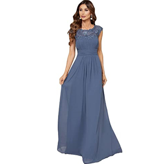 Bridesmaid Dress Women's Cover Sleeve Chiffon Pleated Lace Dress Gray Blue - Shop at LoveMi