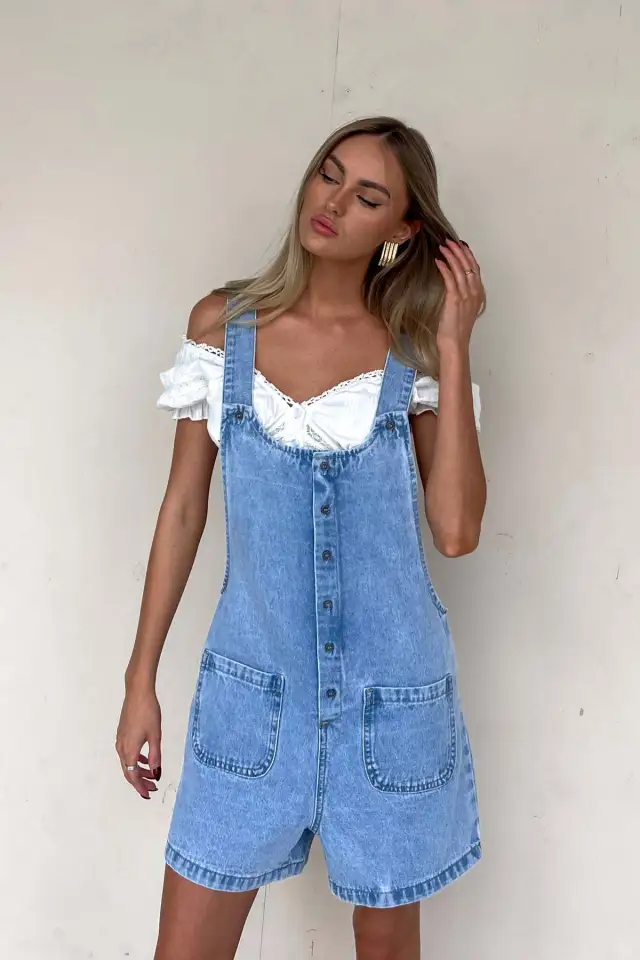 Adjustable Strap Wash Cowboy Siamese Shorts Light Blue - Shop at LoveMi