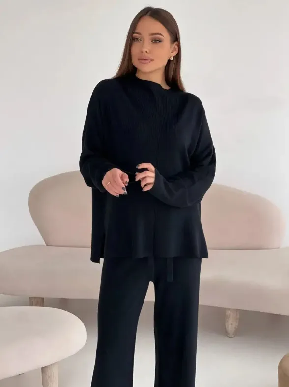 Autumn And Winter Leisure Loose And Irregular Split Top Wide Leg Pants Two piece Set Black - Shop at LoveMi