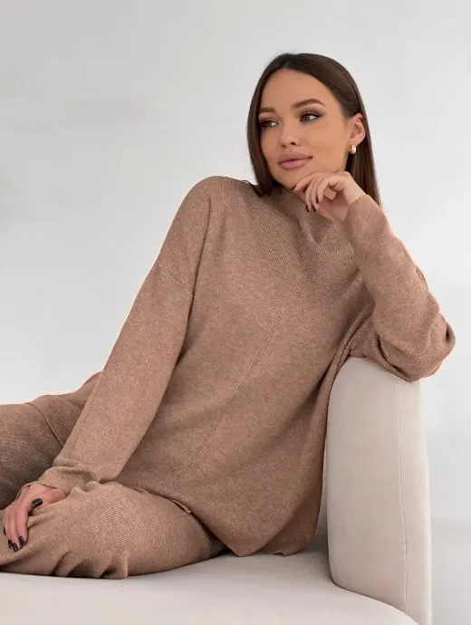 Autumn And Winter Leisure Loose And Irregular Split Top Wide Leg Pants Two-piece Set - Dark Brown