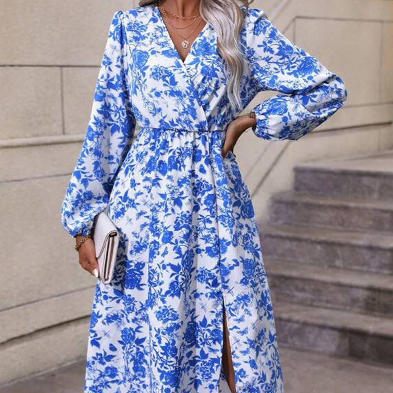 Floral Print Lantern Sleeve Slit Thigh Lace-up Waist