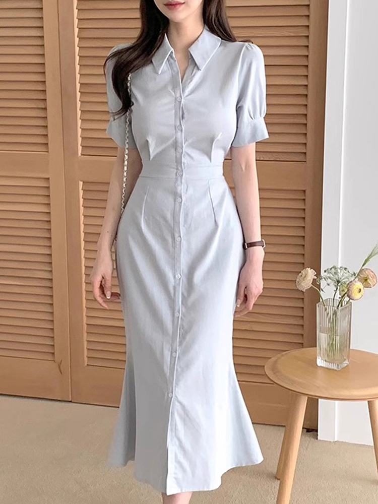 Lapel Single Breasted Waist Trimming Short-sleeved Sheath Dress