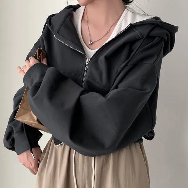 Hooded Double Open Loose Zip Long Sleeve Short Sweater Coat For Women Smoky Gray - Shop at LoveMi