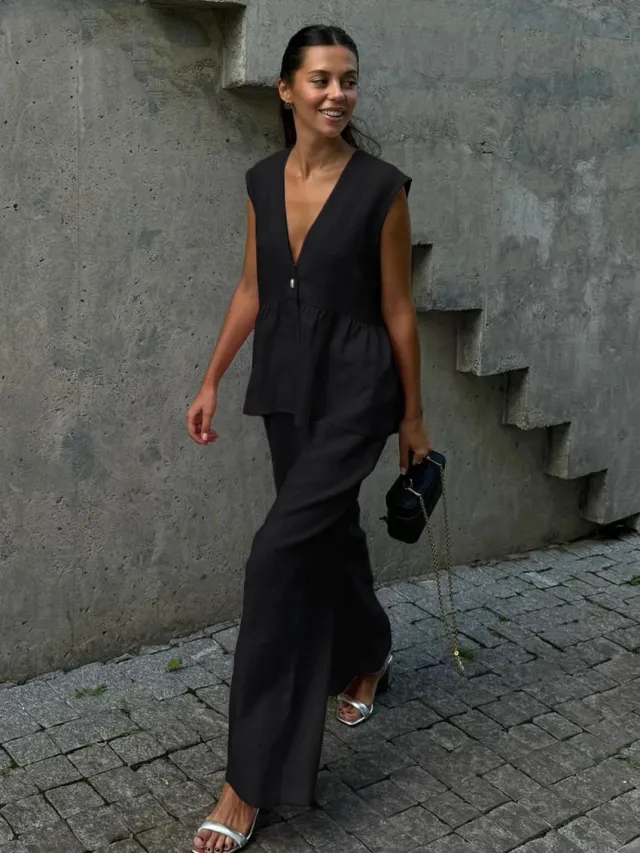 V neck Sleeveless Top Vest Trousers Suit Women Black - Shop at LoveMi