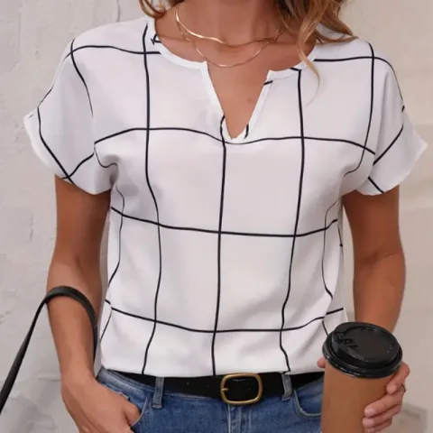 Plaid Print Notched Neck Blouse