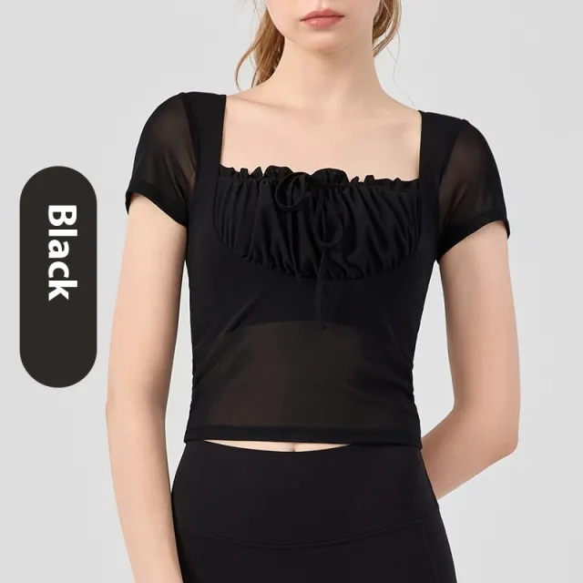 Lace Pleated Yoga Clothing Top Sports Short Sleeve With Chest Pad Black - Shop at LoveMi