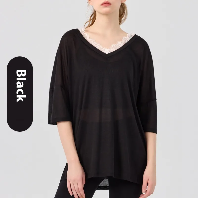 Pilates Yoga Clothes V-neck Lace Solid Colour Short Sleeve Blouse - Black