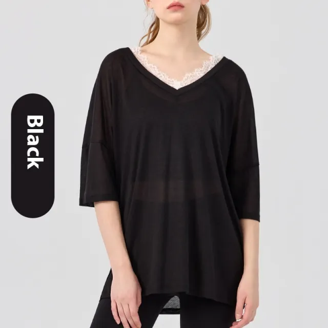 Pilates Yoga Clothes V neck Lace Solid Color Short Sleeve Blouse Black - Shop at LoveMi