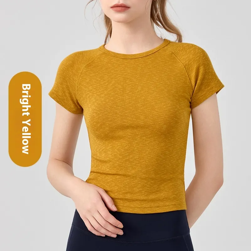 Yoga Clothing Top Women's Shoulder Round Neck Short Sleeve Base - Yellow
