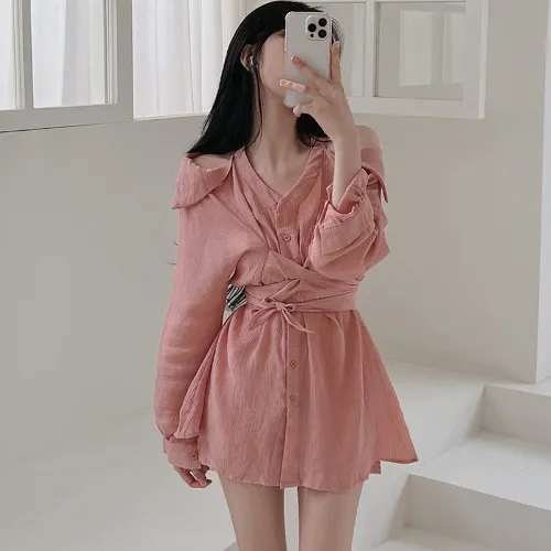 Halter Off-the-shoulder Waist Sun Protection Shirt Dress Shorts - Pink