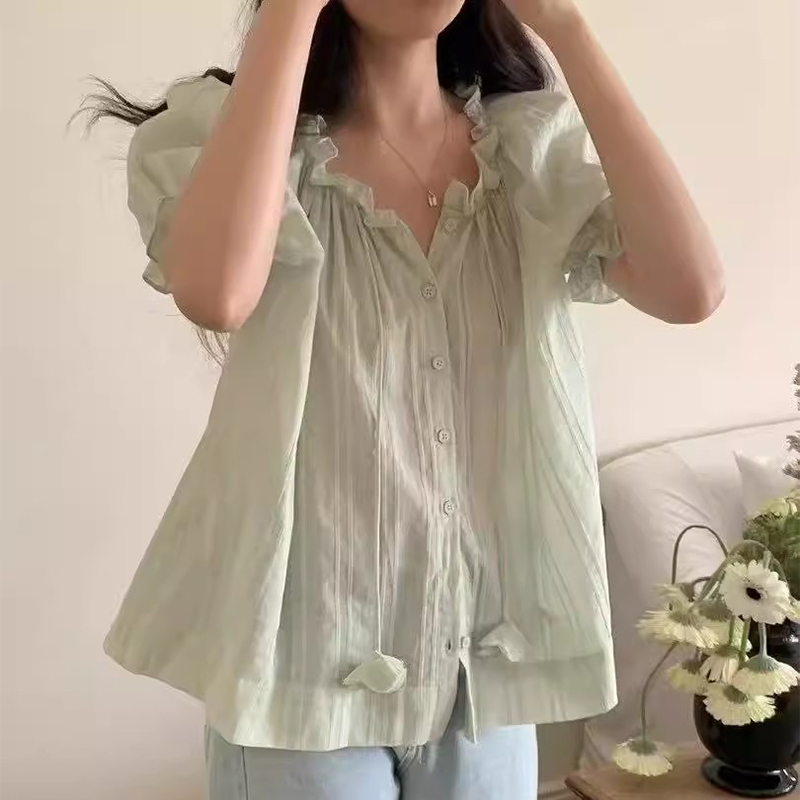 Women's Drawstring Wooden Ear Design Loose Puff Sleeves Shirt