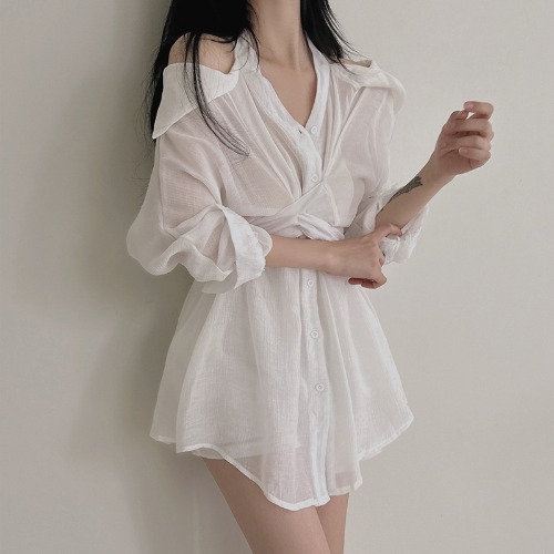 Halter Off the shoulder Waist Sun Protection Shirt Dress Shorts White - Shop at LoveMi