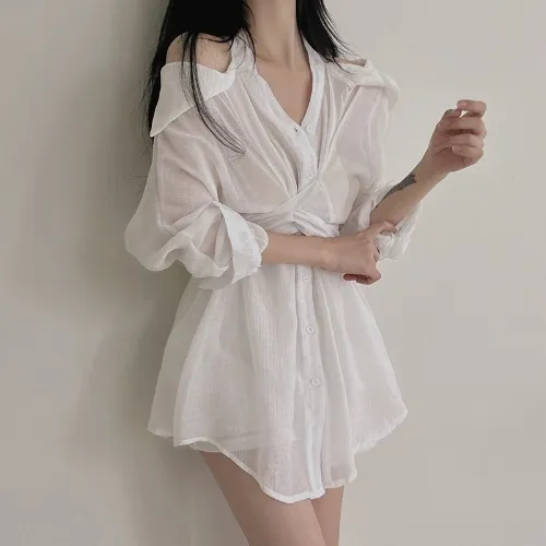 Halter Off-the-shoulder Waist Sun Protection Shirt Dress Shorts - White
