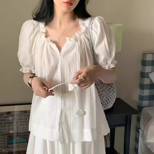 Women's Drawstring Wooden Ear Design Loose Puff Sleeves Shirt White - Shop at LoveMi
