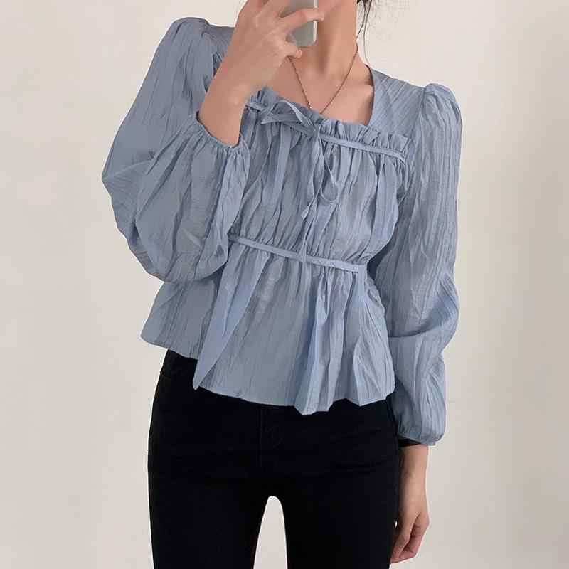 Retro Square Collar Lace Pleated Waisted Long-sleeved Shirt