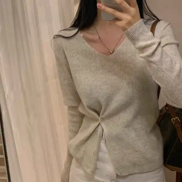 Women's Long Sleeve Bottoming V neck Split Waist Fitted Thin Sweater Oats - Shop at LoveMi