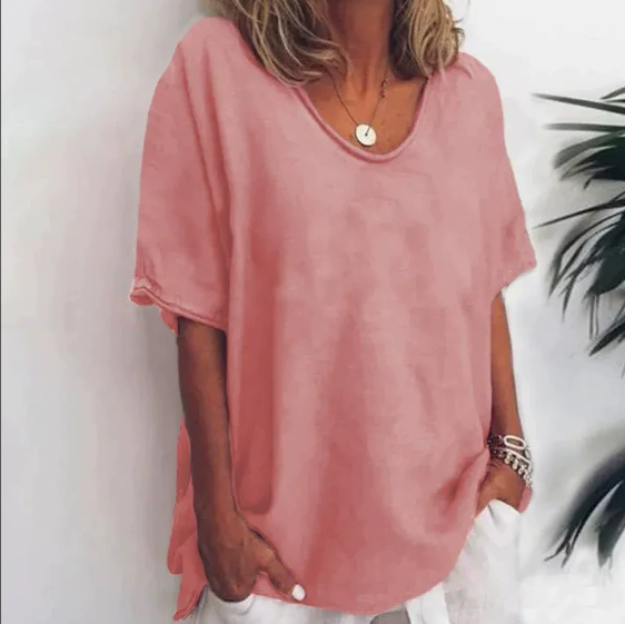 Cotton And Linen Solid Color Short sleeved T shirt Women's Casual Coat Pink - Shop at LoveMi