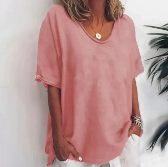 Cotton And Linen Solid Color Short sleeved T shirt Women's Casual Coat Pink - Shop at LoveMi