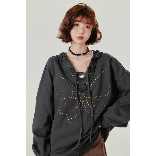 Retro Hooded Sweater Women's Rivet Lace up V neck Loose Top Dark Gray - Shop at LoveMi