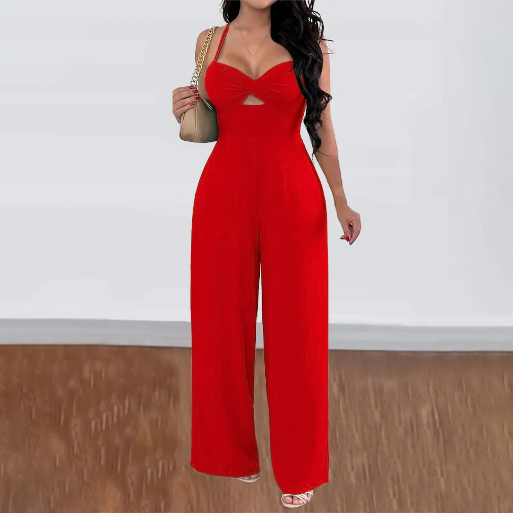 Leisure Vacation Commute Style Solid Color Sling Wide Leg Jumpsuit For Women - Red