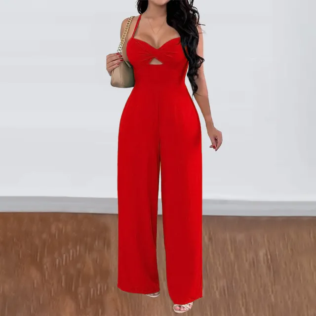Leisure Vacation Commute Style Solid Color Sling Wide Leg Jumpsuit For Women Red - Shop at LoveMi